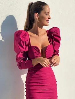 Instunning Kadınlar Hollow Out Puf Kollu Kıvrımlar Elbise Seksi Casual Uzun Kollu Sonbahar 2021 Zarif Streetwear Katı kadın elbisesi