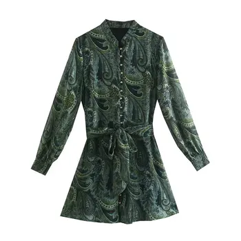 Nlzgmsj Za Kadın 2022 Baskı Gömlek Elbise Kadın Uzun Kollu Bağlı Kemer Yeşil Yaz Elbisesi Düğme Up Ince Mini Parti Elbiseler 202111