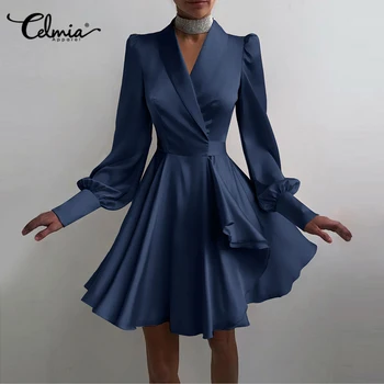 2021 Celmia Zarif Saten Mini Elbise Kadınlar Zarif Sundress Puf Kollu Seksi Suit Yaka Bandaj Pileli Parti Elbiseler
