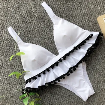 Siyah biquinis feminino 2018 Saçak topu Push up Fırfır bikini seti Braziliani Tanga Mayo Sevimli Iki Adet Mayo beyaz