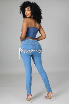 Seksi Kalça Cut Out Hollow Out Bandaj Sıkı Skinny Jeans Kadınlar Yüksek Bel Streetwear Dantel Up Denim Kalem Pantolon