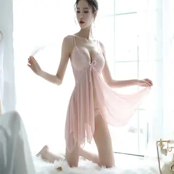 Bayanlar Seksi Toplanan Küçük Göğüs Iç Çamaşırı Pijama Askı V Yaka Dantel Desen Düzensiz Etek Yarık Şeffaf Iki Parçalı Takım Elbise