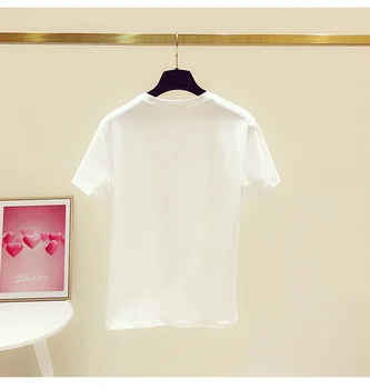 2021 Yaz Kadın Kore Moda Gevşek Beyaz Boncuk Rhinestones Tişörtleri kadın Kawaii Yuvarlak Boyun Kısa Kollu T-Shirt Bayanlar