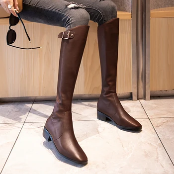 Kadın Çizmeler Sonbahar 2021 Seksi Over-The-Diz Çizmeler Moda Toka Siyah Ince Oldu Ince Uzun Çizmeler Düz Zip kadın ayakkabısı Ayakkabı