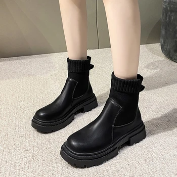 Kadın yarım çizmeler 2021 Moda Kayma Siyah Çorap Çizmeler Kadın Punk Gotik Ayakkabı Bayanlar Zarif Lolita Düşük Topuklu kısa Çizmeler