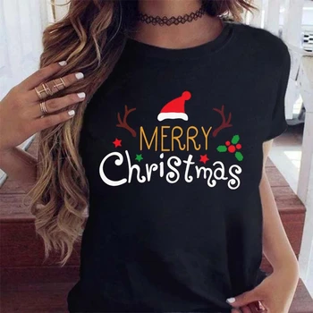 ZOGANKİN Merry Christmas Ekose Ağacı Baskı Tshirt Kadın T Shirt Kadın Kısa Kollu O Boyun siyah tişört Bayanlar Nedensel Tee Gömlek