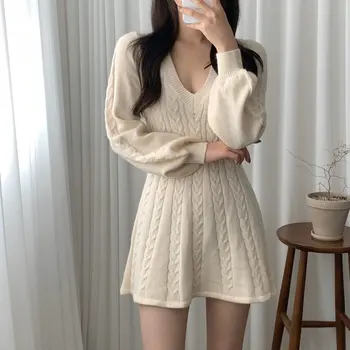 Uzun Fener Kollu Kazak Elbise Kadın Pamuk Zarif Kore Sonbahar Kış 2021 Katı Kayısı V Boyun Mini Elbise Kadın Vestido