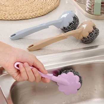 Uzun Kolu Kase Scrubber Fırçalar Paslanmaz Çelik Tel Topu Pot Fırça Temizleyici Bulaşık Mutfak Temizleme Araçları
