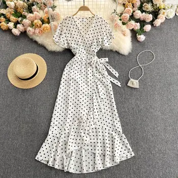 Zarif Kadın Beyaz Polka Dot Mixi Elbise Yaz Elbise Vintage Tek Parça Dantel-Up Ruffles Şifon Wrap Elbise Kadın Vestidos