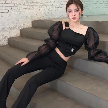 Siyah Saten Bluz Kadınlar Orijinal Tasarım Puf Kollu Gömlek Kadın Güz 2021 Moda Streetwear Mahsul Tops