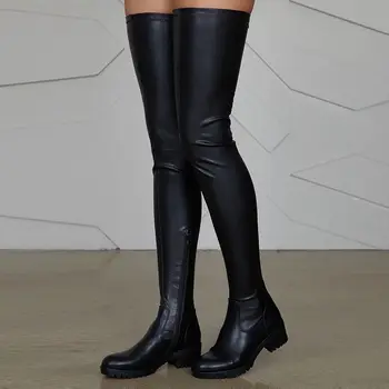 Kadın BootsThigh Yüksek Çizmeler Uzun Stretchow Kalın Topuk Seksi Tam Zip OverThe Diz Çizmeler