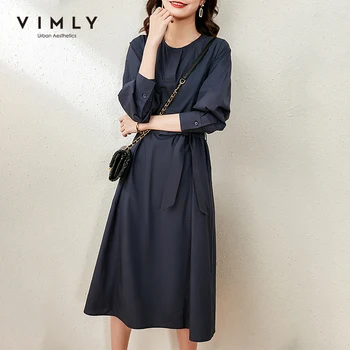 VİMLY Elbiseler Kadınlar İçin Moda Yuvarlak Boyun Maxi Elbise Yüksek Bel Bow Sashes Vintage Tam Kollu Elbise Kadın Vestidos F6689