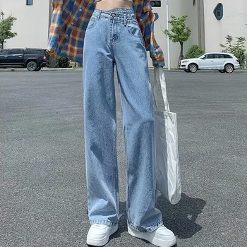 Feynzo Kadın Pantolon Kadın Kot Yüksek Bel Kot Pantolon Geniş Bacak Kot Giyim Mavi Kot Vintage Kalite Moda Düz Pantolon