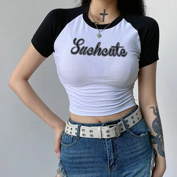 2021 yeni moda sıkı T-shirt bayanlar mektup baskı kısa seksi üst T-shirt