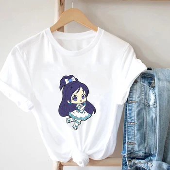 Anime T-Shirt Kadınlar ıçin Komik Harajuku Estetik T-Shirt Moda Kawaii Grafik Ullzang Karikatür Karakter Uzun Saç Kız T-Shirt