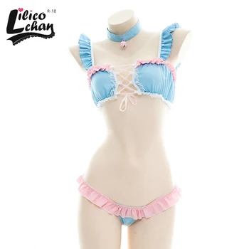Tatlı Patchwork Lolita Kadınlar Bikini Pembe Mavi Ruffles Hollow Out Çapraz Bandaj Mayo Sevimli Hizmetçi Cosplay Kostüm Plaj Kıyafeti Yeni