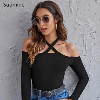 Kadın giyim kadın Klavikula T-shirt Uzun kollu Çapraz Asılı Boyun Dibe Giyim Kadınlar için Seksi Üstleri Kadın moda üst giyim