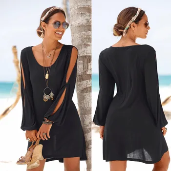 Sıcak Satış Derin V Yaka Gevşek Elbise Kadın Sundress Yaz Kapalı Omuz Uzun Kollu Rahat Plaj Elbise Kadın Mini Seksi Tunik