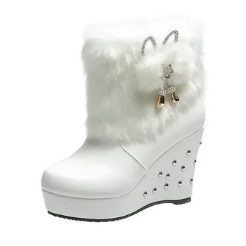 Kar ayakkabısı kadın çizme 2021 Kış kama topuklu platform ayak bileği çizmeler Moda Perçin Gergedan kadife termal çizmeler