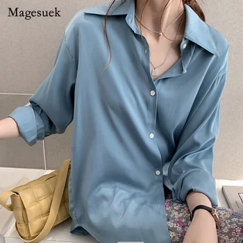 2021 İlkbahar ve Sonbahar Kore Tarzı Gevşek Kadın Bluz Ofis Artı Boyutu Katı Hırka Gömlek WomenBlusas Mujer De Moda 9985