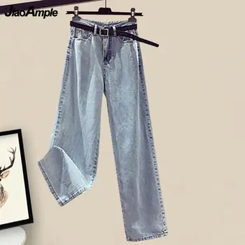 Sonbahar Takım Elbise Kadın 2021 Yeni Bel Ince Yelek Gömlek Kot Üç parçalı Kore Moda Zarif Örme Kazak Bluz pantolon Seti
