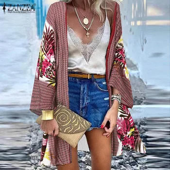 Bohemian Yaz Çiçek Baskılı Bluz ZANZEA Vintage Kadınlar Plaj Tatil Hırka Kimono Uzun Kollu Açık Ön Gömlek Gevşek Üst