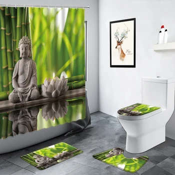 Yeşil Bambu Zen Buda Duş Perde Seti Siyah Taş Mum Su Bahçe Sahne Banyo Halı kaymaz Kilim Tuvalet Banyo Paspas