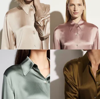 Kadın Gömlek 2021 İlkbahar ve Yaz Yeni Stil Bayanlar Yaka Düz Renk 100 % İpek Üst Gömlek