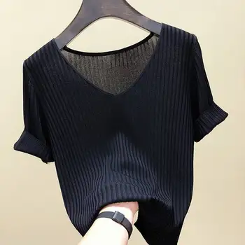 Yaz Yeni Stil Kore İnce Yarım kollu V Yaka Örme Dip Gömlek Tops Kadın Buz İpek Kısa kollu T-shirt Kadın