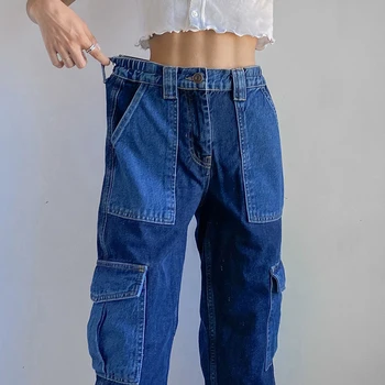 Harajuku Kore Y2K Geniş Bacak Bol kot Bayan 90 s Patchwork Büyük Cepler Bol Kot Vintage Streetwear Yüksek Belli Pantolon