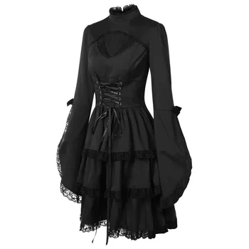 Gotik Tarzı Siyah Peri Parti Elbise Vintage Dantel Patchwork Kemer Basamaklı Fırfır Lolita Prenses Düzensiz Kulübü Chic Elbiseler