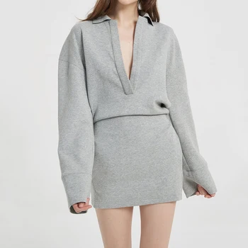 2021NEW Uzun kollu elbise ile backless bel ve zayıflama, sonbahar ışık lüks rahat moda kızarmış sokak gri kazak elbise