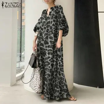Moda Baskılı Maxi Elbise kadın Leopar Sundress 2021 ZANZEA Bahar Puf Kollu Uzun Vestidos Kadın V Boyun Robe Boy