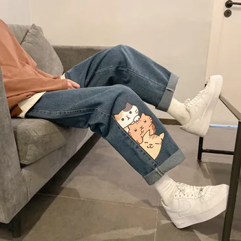 Kot Karikatür Kedi Traf Pantolon Düşük Bel Baskı Pantolon Japon Mavi Elastik Kot Kore Düz Gevşek Y2k kadın Kot