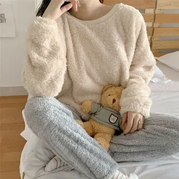 Mercan kadife pijama setleri kadın O-Boyun Basit sıcak kalın kürklü kış pijama Ins Trendy Kore ısıtma ıhale öğrenciler salonu