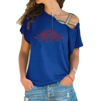 Güzel Lotus Kadın Pamuk T-Shirt Moda Baskı Yaz T Gömlek Kısa Kollu Düzensiz Çarpıklık Çapraz Bandaj Casual Tees