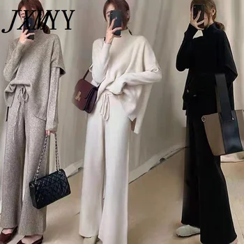 JXMYY Kazak Takım Elbise kadın Sonbahar Ve Kış Yeni İki Parçalı Örme Geniş Bacak Pantolon + Yarım Yüksek Yaka Üst + Üç Parçalı Yelek