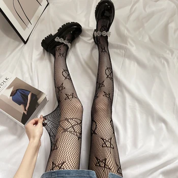 Siyah Beş Köşeli Yıldız file çoraplar Kadınlar Seksi Hollow Out Harajuku Sıcak Kız Tatlı Külotlu şeffaf ağ Delik Tayt
