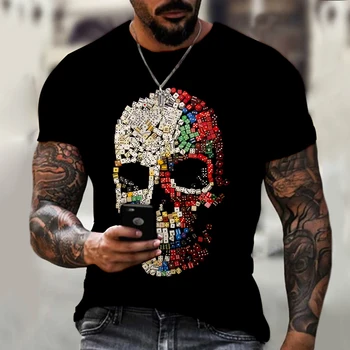 Yaz erkek Kısa Kollu Spor T-Shirt Büyük Boy Yuvarlak Boyun Kafatası 3D Baskı Rahat Sokak Hip Hop Nefes Erkek Giyim