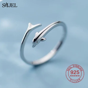 SMJEL 100 %925 Ayar Gümüş Moda Yunus Hayvan Parmak Yüzük Takı Kadın Açık Halka Sevimli Balık Yüzük Parti doğum günü hediyesi
