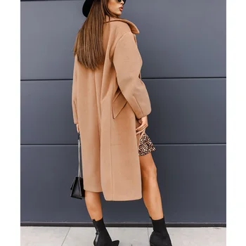 2021 Sonbahar Kış Moda Katı Uzun Palto Kadınlar Casual Vintage kruvaze Takım Elbise Yaka Uzun Yün Cepler Paltolar Ceket
