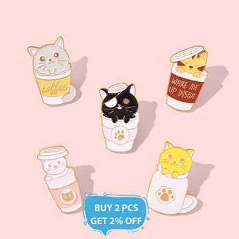 Bir Fincan Kediler Emaye Pin Kedi kahve fincanı Kupa Broş Çanta Yaka Pin Karikatür Hayvan Yavru Rozeti Takı Hediye Çocuklar için