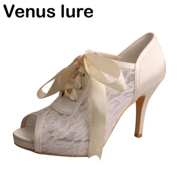 Fildişi Beyaz Dantel kadar Topuklu Peep Toe Dantel Çizmeler Kadın Gelin Çizmeler El Yapımı