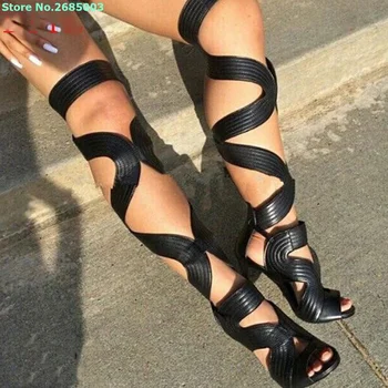 Bayanlar Yılan Deri Diz Çizmeler Üzerinde Seksi Yüksek Topuk Geniş Kırışıklık Strappy Kadın Siyah Uzun Sandalet Çizmeler