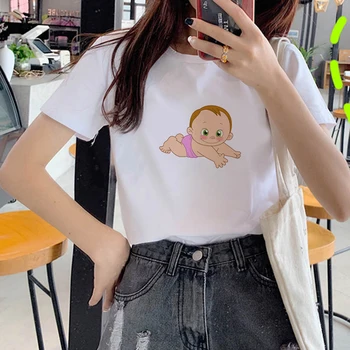 Sevimli Bebek Baskı Moda Kadın Tshirt Beyaz Tops Tees Komik Baskı Yaz Kısa Kollu T-Shirt Kawaii Karikatür Grafik Tişörtleri Kız