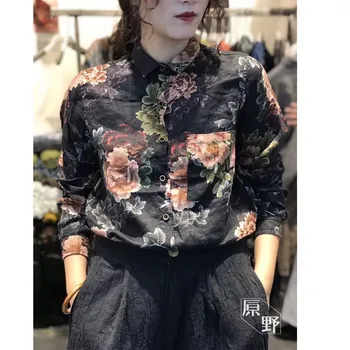 Yeni Varış Bahar Sanat Stil Kadınlar Uzun Kollu Gevşek Bluzlar Tek Cep Vintage Baskı Pamuk Keten Bluz Femme V167 Tops