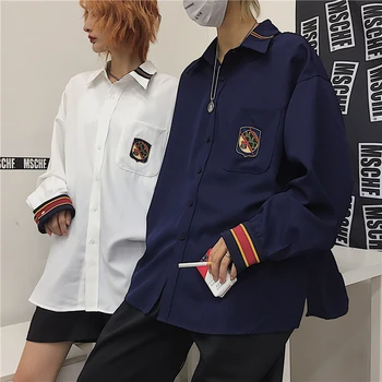Japon Gevşek Bluzlar Kadın Erkek Giyim Moda Turn-aşağı Yaka Uzun Kollu Casual Çift Gömlek Ins Bayanlar Üst Bahar Sonbahar