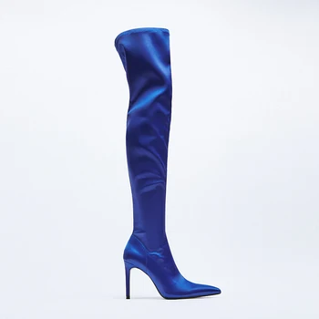 OEING Bayan Sivri Burun Ipek Saten Diz Üzerinde Uyluk Çizmeler Stilettos Yüksek Topuk Ayakkabı Sıkı Yan Zip Uzun Ince Seksi 2021