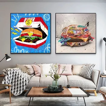 Modern Soyutlama Serin Tipi Burger duvar sanatı tuval yağlıboya İskandinav Posterler ve Baskılar Duvar Resimleri ıçin Oturma Ev Dekorasyon