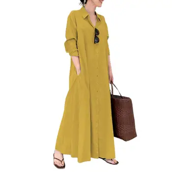 Vintage Sonbahar Gevşek Maxi Elbise Düz Renk Tek göğüslü Yaka Sundress Uzun Kollu Vestidos Rahat Bagyy Elbiseler Femme